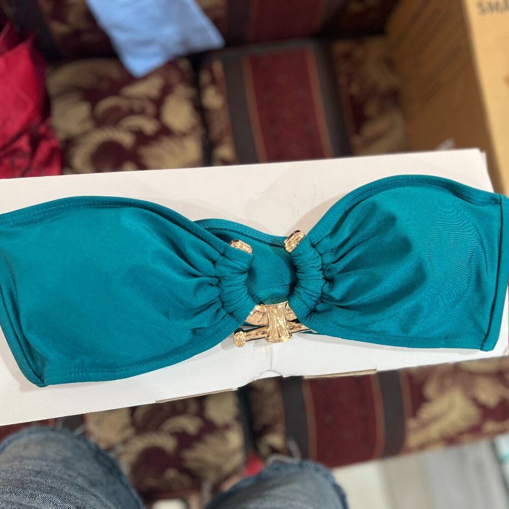 Teal Bandeau Bikini Top with Gold Accent – Strapless – Size S